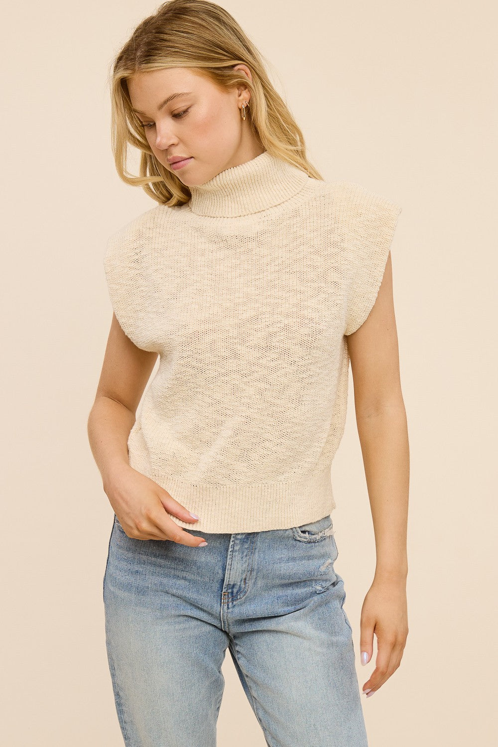 100% Cotton Structured Cap Sleeve Turtleneck Top