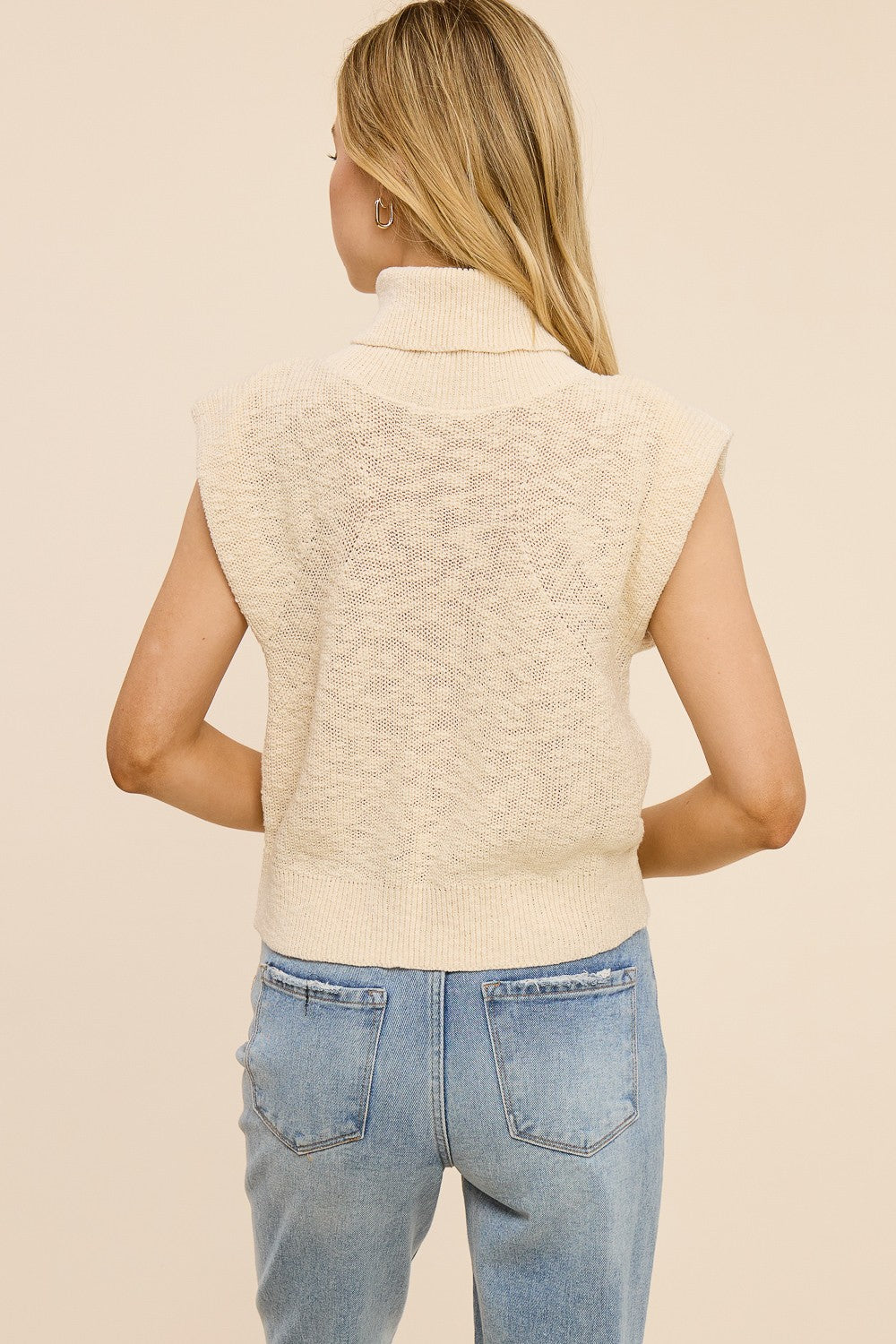 100% Cotton Structured Cap Sleeve Turtleneck Top