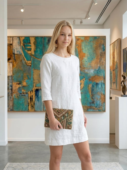 Linen Mini Shift Dress With Pockets 100% Linen
