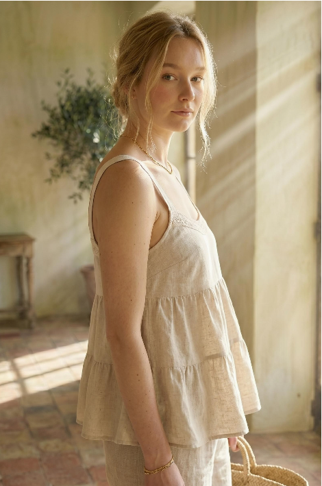 Linen Peplum Lace‑Trim Camisole 100% Linen