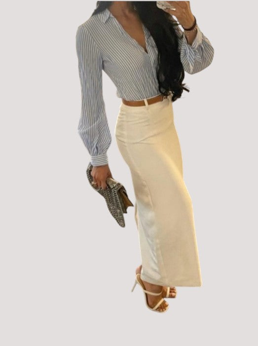 Minimistcloset Commense cream high-waist pencil skirt styled with a striped blouse and heels for a polished look