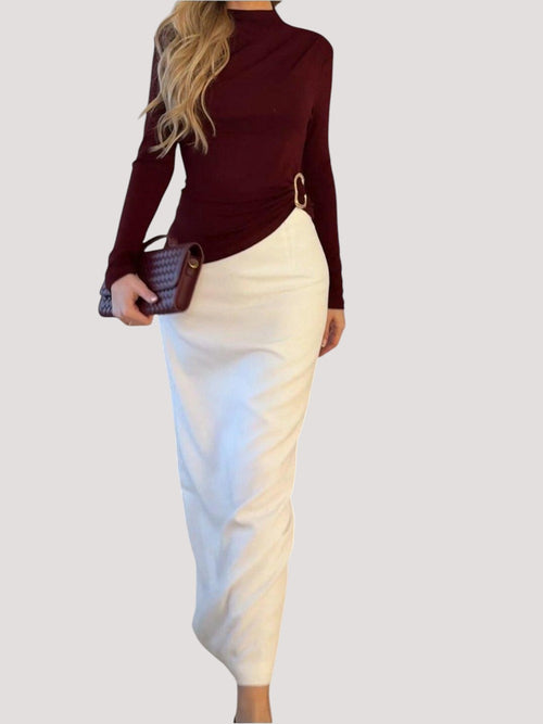 Minimistcloset Commense cream high-waist pencil skirt worn with a long-sleeve burgundy top and matching handbag