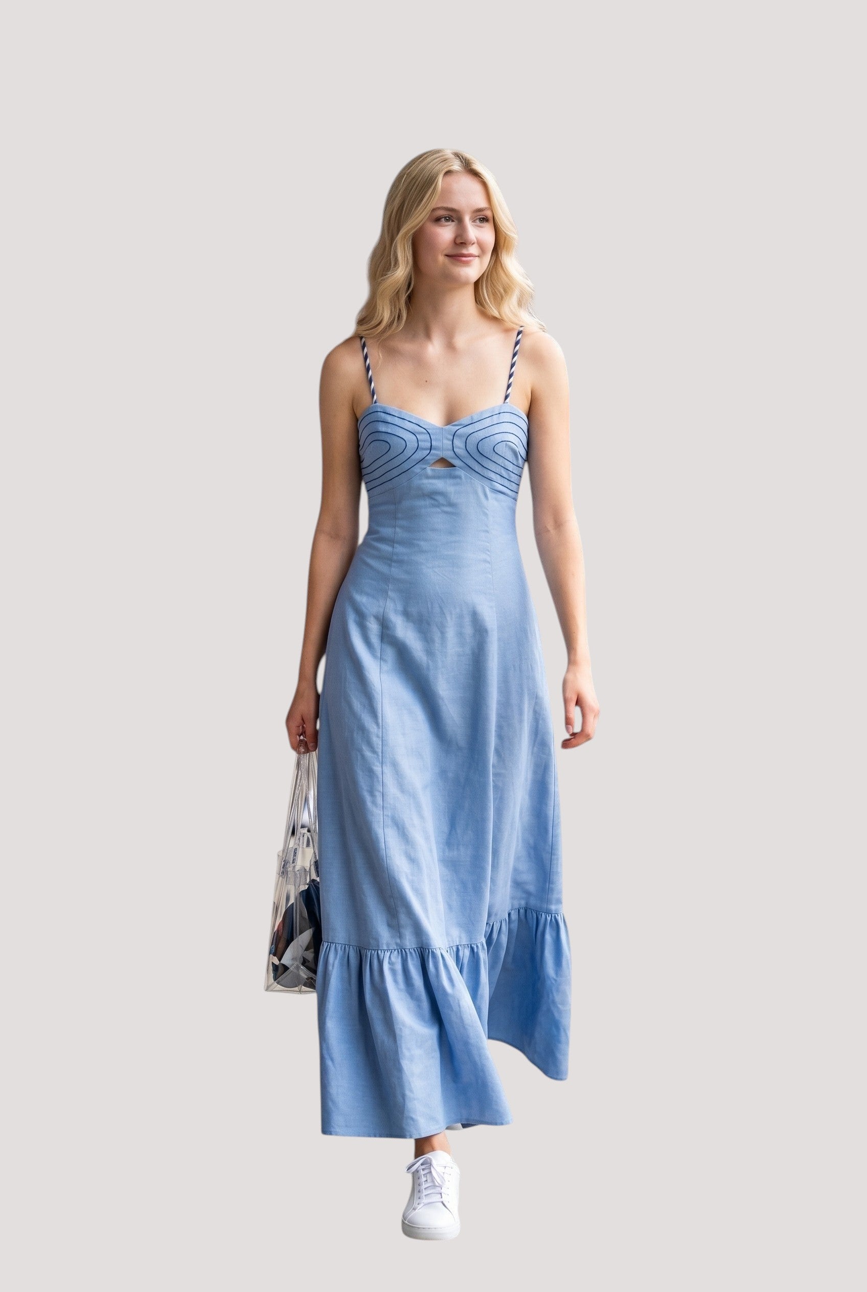 Minimistcloset sky blue linen-blend maxi dress with corset bodice, braided straps, and tiered hem on a blonde model.