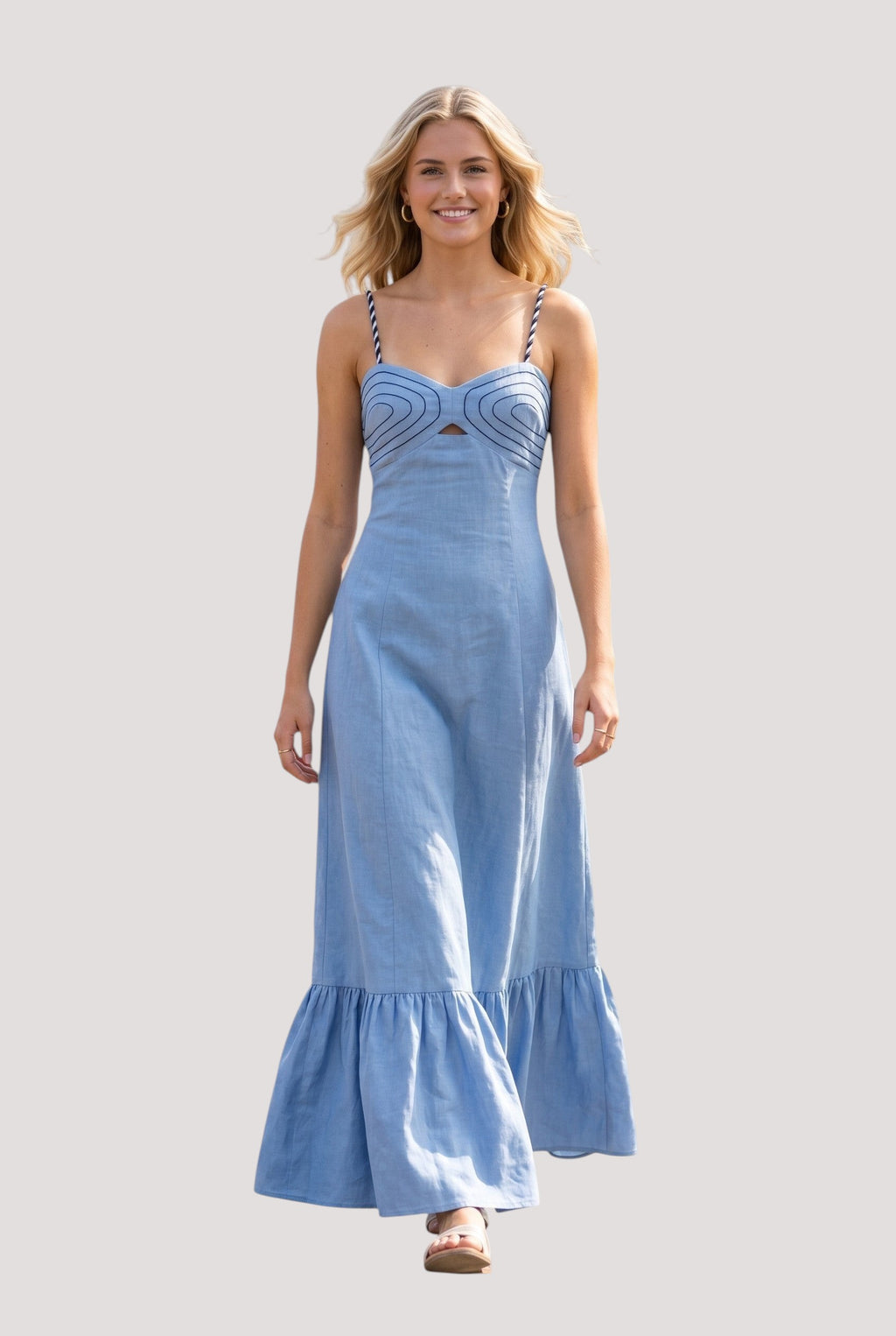Minimistcloset sky blue linen-blend maxi dress with corset bodice, braided straps, and tiered hem on a smiling model.