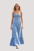 Minimistcloset sky blue linen-blend maxi dress with corset bodice, braided straps, and tiered hem on a smiling model.