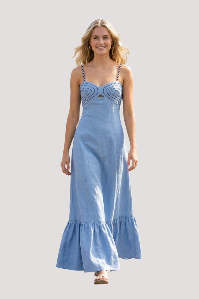 Minimistcloset sky blue linen-blend maxi dress with a corset-style bodice, braided straps, and a tiered ruffle hem.