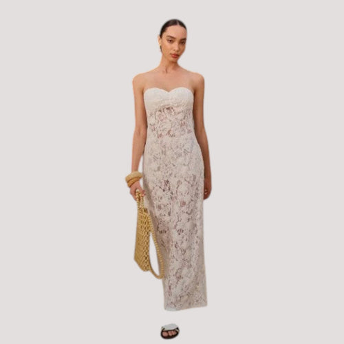 Minimistcloset strapless white floral lace maxi evening dress with a sweetheart neckline worn by a model