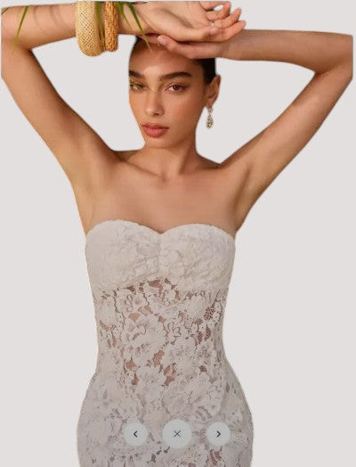 Minimistcloset white strapless lace maxi evening dress with a sweetheart neckline worn by a model